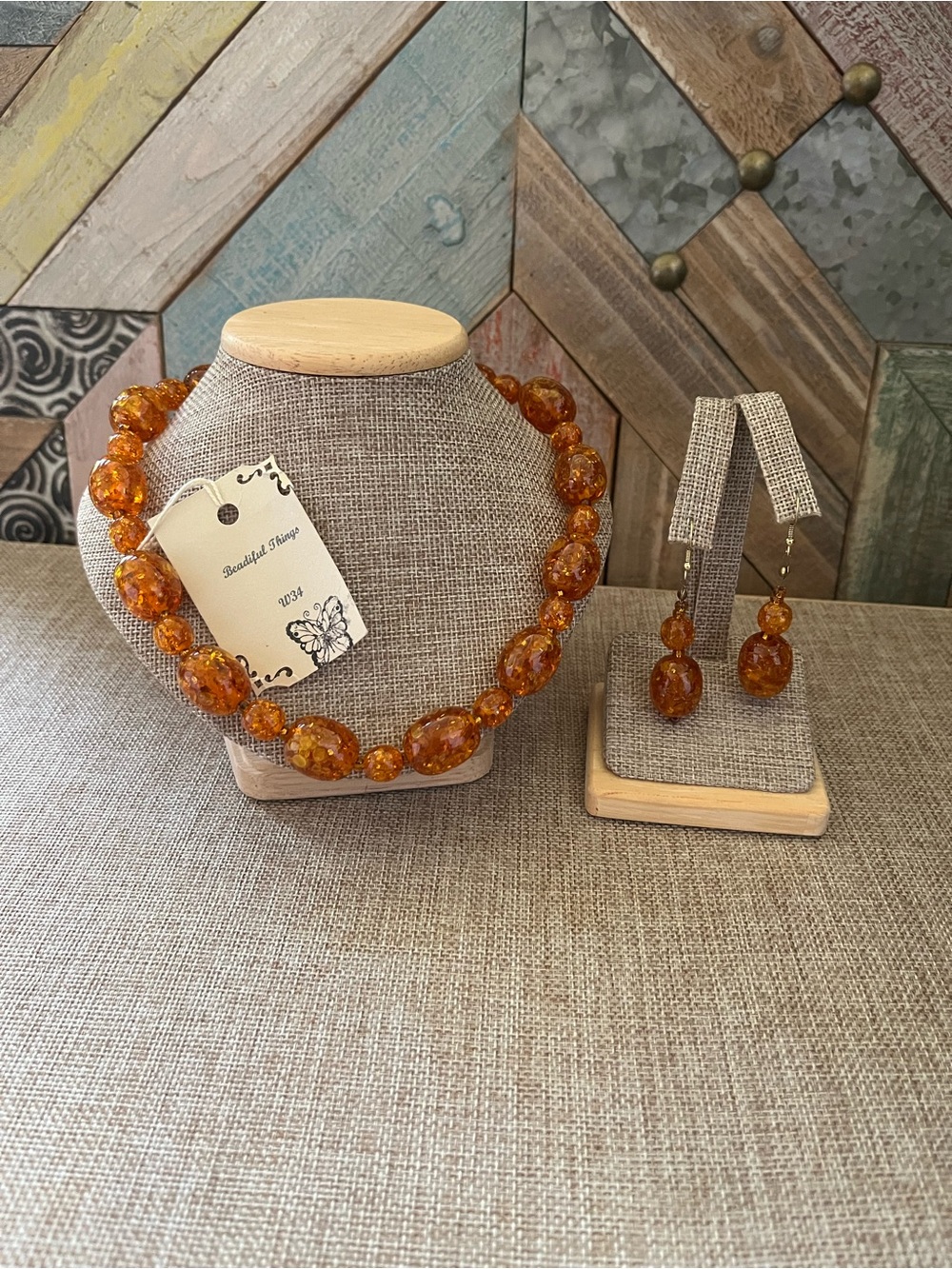 CB2 Amber Toned Bead Necklace with Matching Earrings